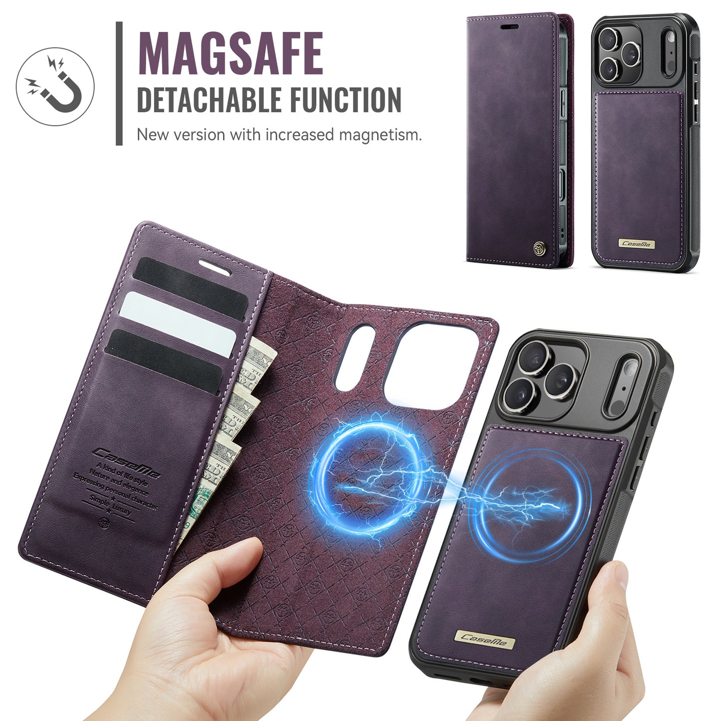 For iPhone 17 Pro Max Case CASEME C49 Compatible with MagSafe RFID Blocking Detachable Wallet Leather Phone Cover - Purple