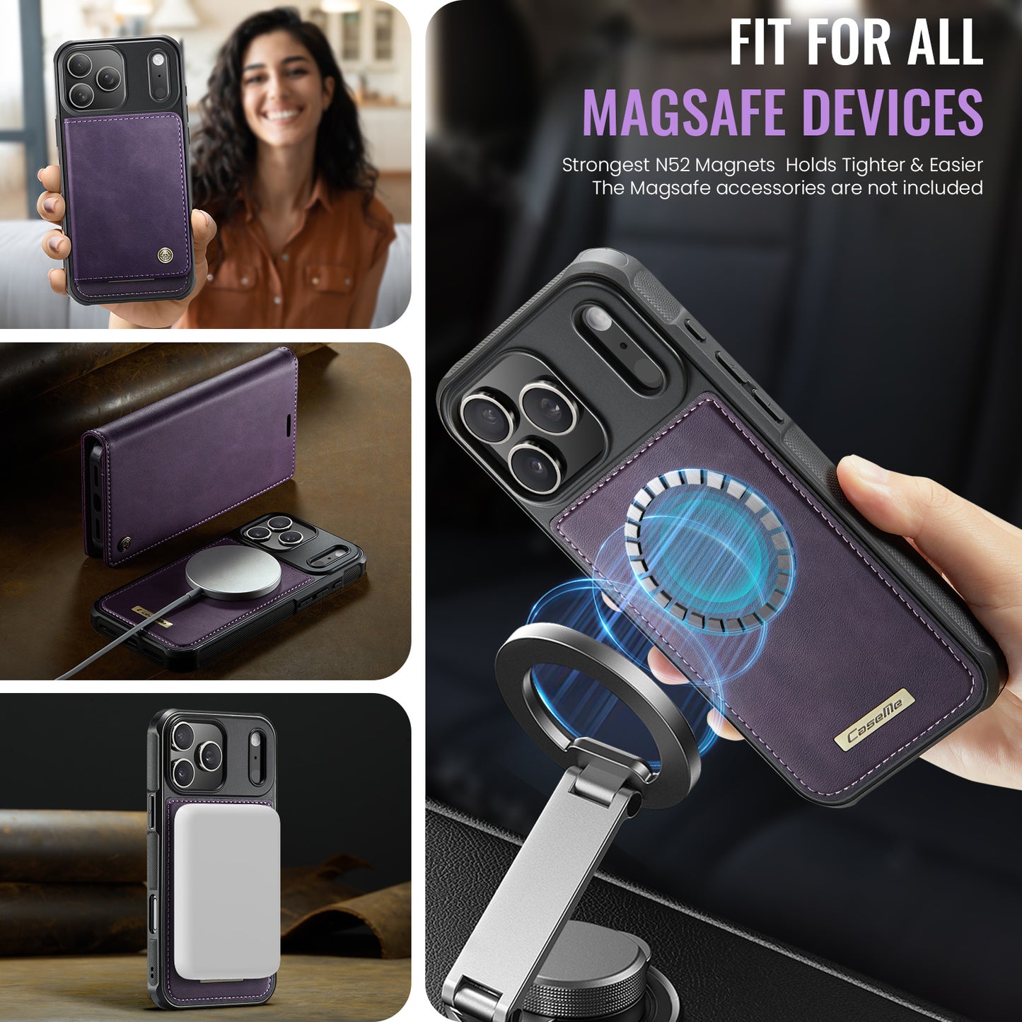 For iPhone 17 Pro Max Case CASEME C49 Compatible with MagSafe RFID Blocking Detachable Wallet Leather Phone Cover - Purple