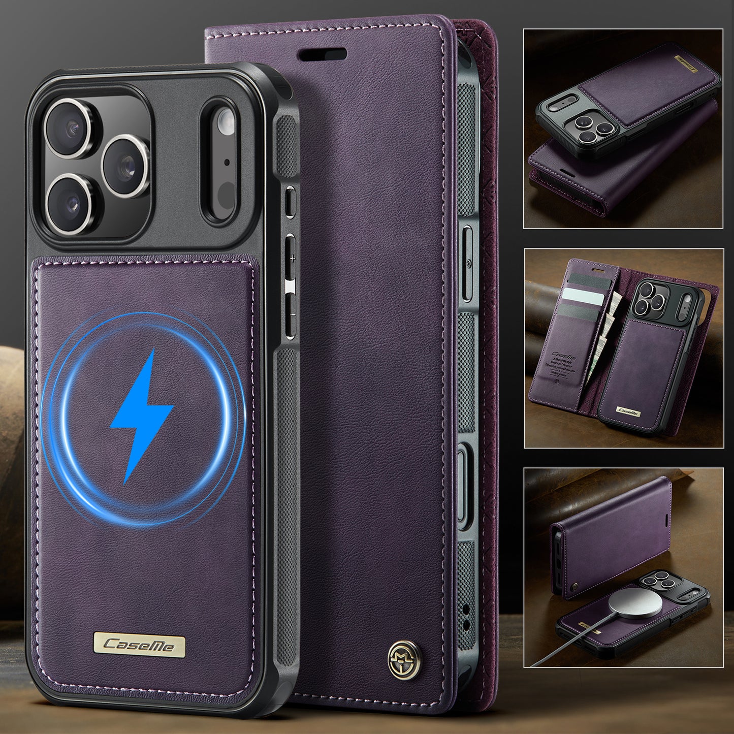 For iPhone 17 Pro Max Case CASEME C49 Compatible with MagSafe RFID Blocking Detachable Wallet Leather Phone Cover - Purple