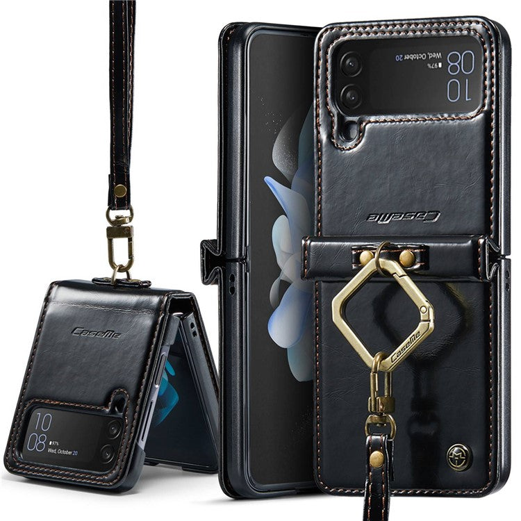 CASEME 003 Series For Samsung Galaxy Z Flip4 5G PU Leather Coated PC Kickstand Case Waxy Texture Phone Cover with Detachable Ring Holder and Hand Strap - Black