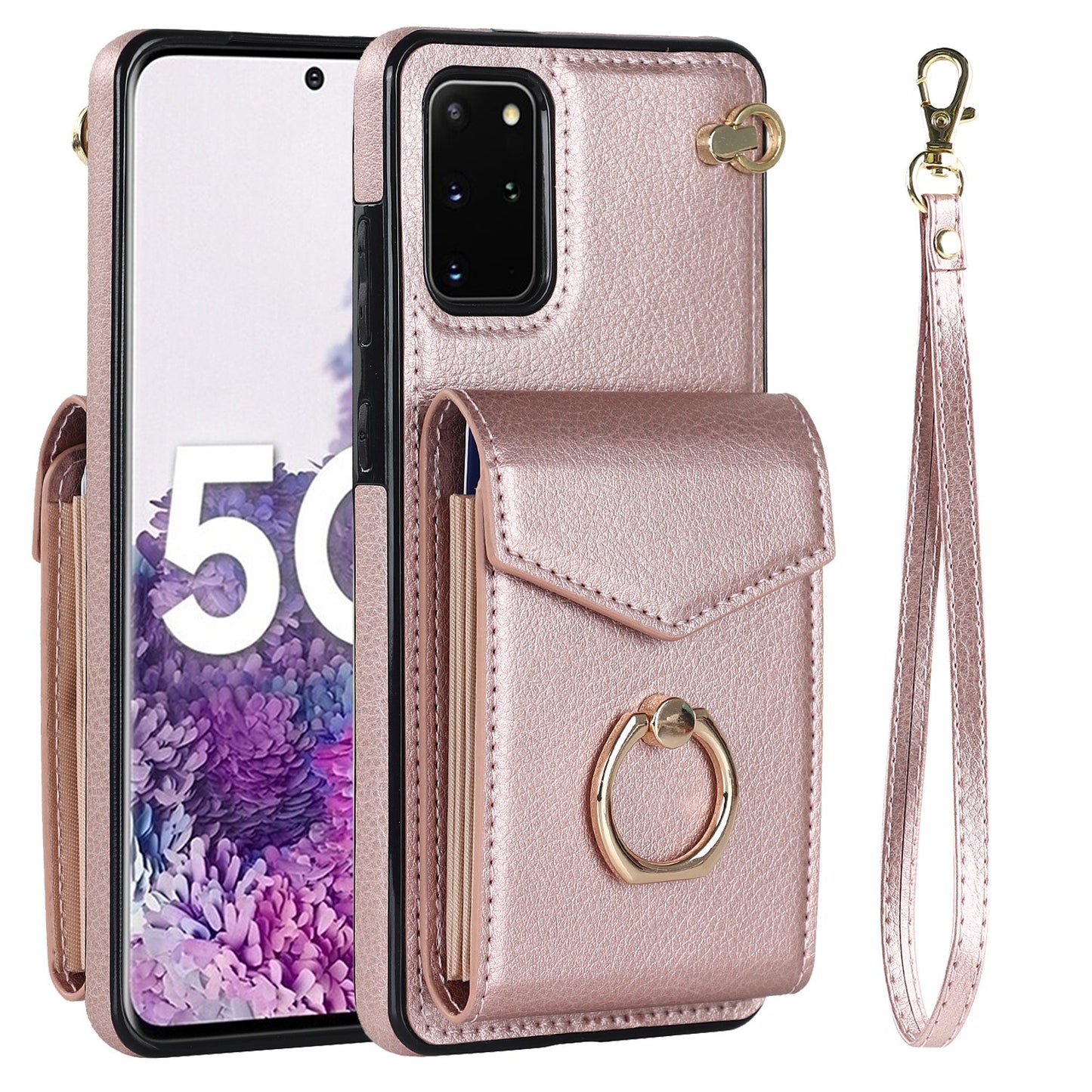 For Samsung Galaxy S20 Plus 4G / 5G Accordion Style RFID Blocking Card Holder Ring Kickstand Case Anti-drop PU Leather+TPU Cover - Rose Gold