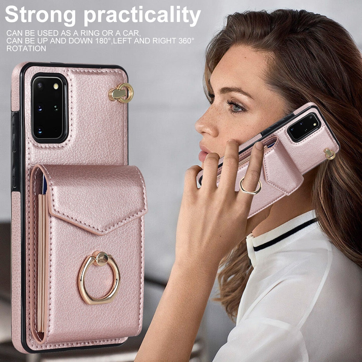 For Samsung Galaxy S20 Plus 4G / 5G Accordion Style RFID Blocking Card Holder Ring Kickstand Case Anti-drop PU Leather+TPU Cover - Rose Gold