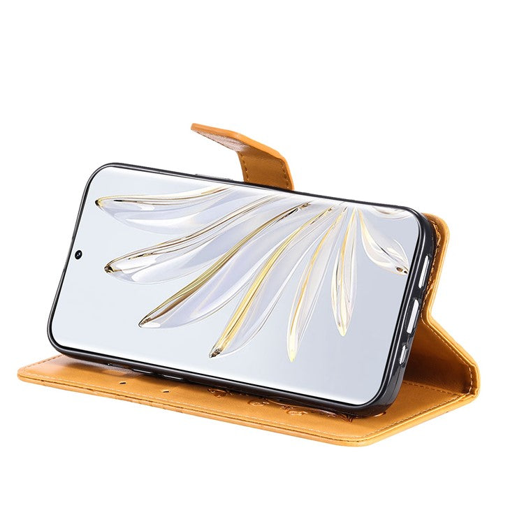 KT Imprinting Flower Series-2 for Honor 70 5G Magnetic Clasp PU Leather Mobile Phone Case Imprinted Butterfly Pattern Stand Wallet Cover - Yellow