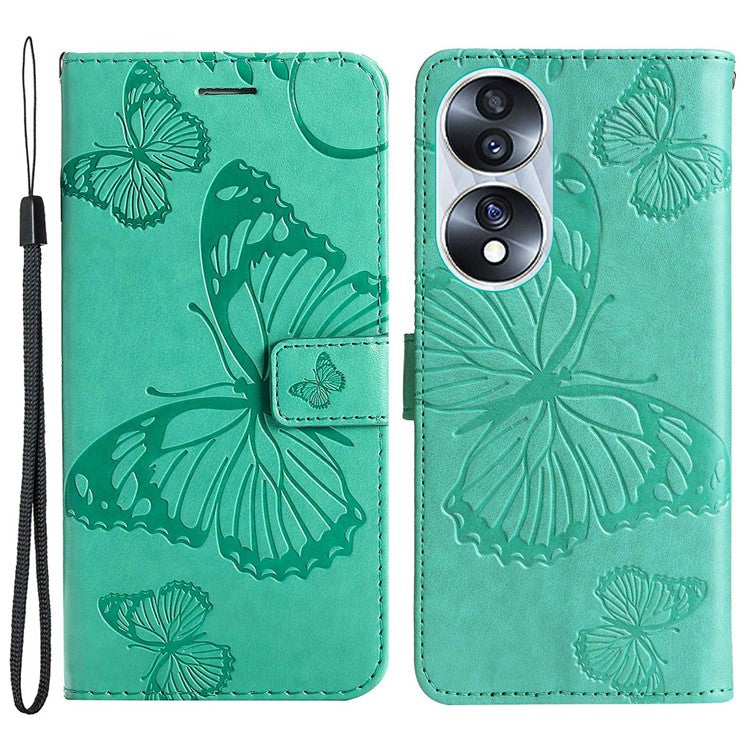 KT Imprinting Flower Series-2 for Honor 70 5G Magnetic Clasp PU Leather Mobile Phone Case Imprinted Butterfly Pattern Stand Wallet Cover - Green