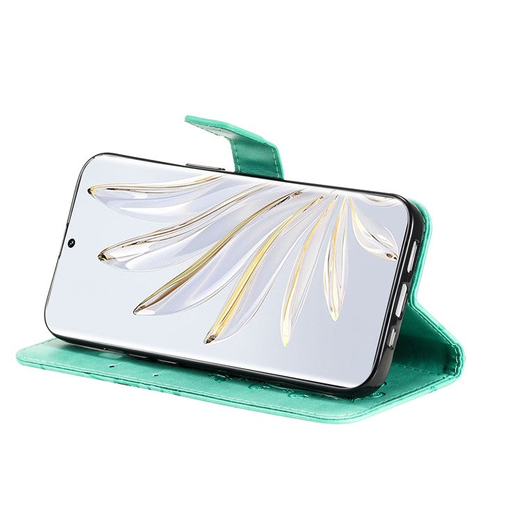 KT Imprinting Flower Series-2 for Honor 70 5G Magnetic Clasp PU Leather Mobile Phone Case Imprinted Butterfly Pattern Stand Wallet Cover - Green