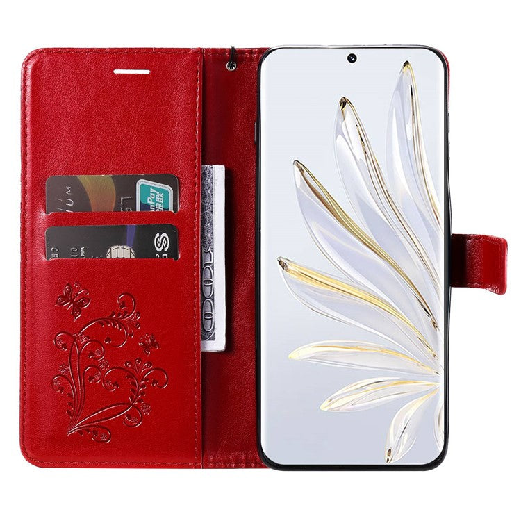 KT Imprinting Flower Series-2 for Honor 70 5G Magnetic Clasp PU Leather Mobile Phone Case Imprinted Butterfly Pattern Stand Wallet Cover - Red