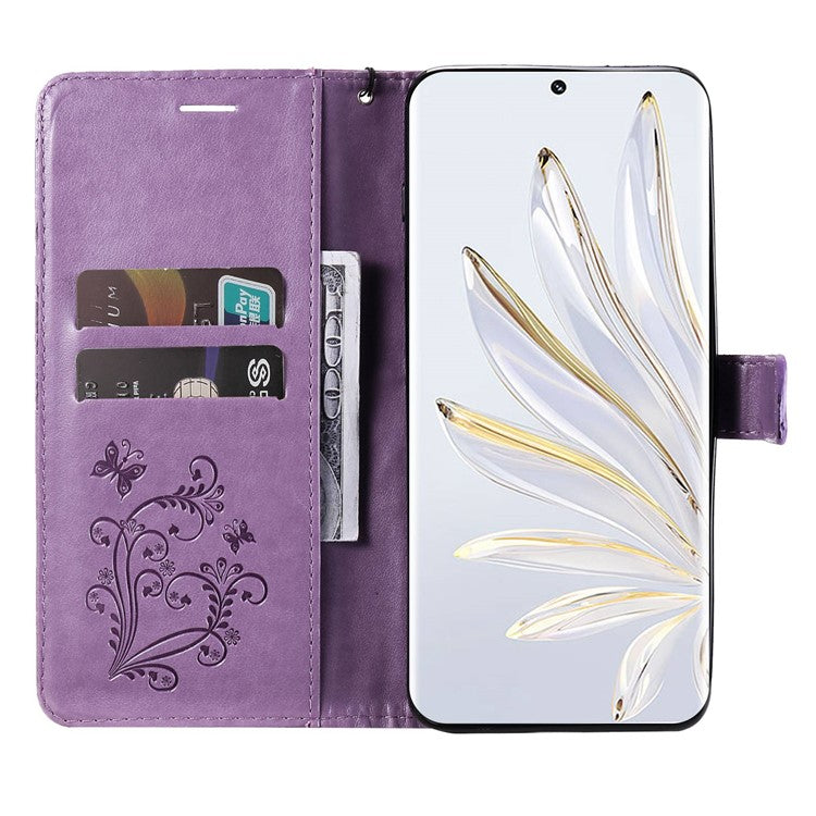KT Imprinting Flower Series-2 for Honor 70 5G Magnetic Clasp PU Leather Mobile Phone Case Imprinted Butterfly Pattern Stand Wallet Cover - Purple