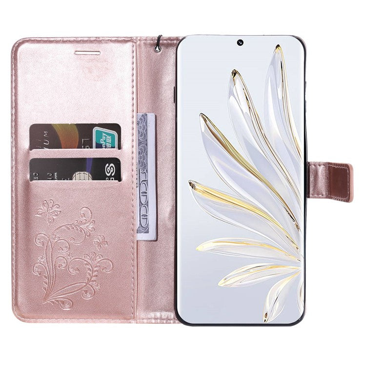 KT Imprinting Flower Series-2 for Honor 70 5G Magnetic Clasp PU Leather Mobile Phone Case Imprinted Butterfly Pattern Stand Wallet Cover - Rose Gold