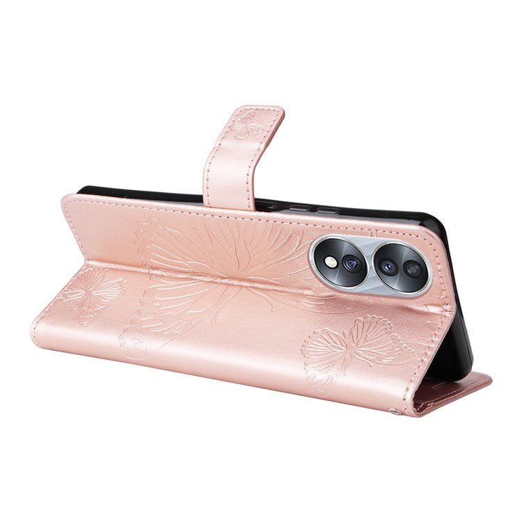 KT Imprinting Flower Series-2 for Honor 70 5G Magnetic Clasp PU Leather Mobile Phone Case Imprinted Butterfly Pattern Stand Wallet Cover - Rose Gold