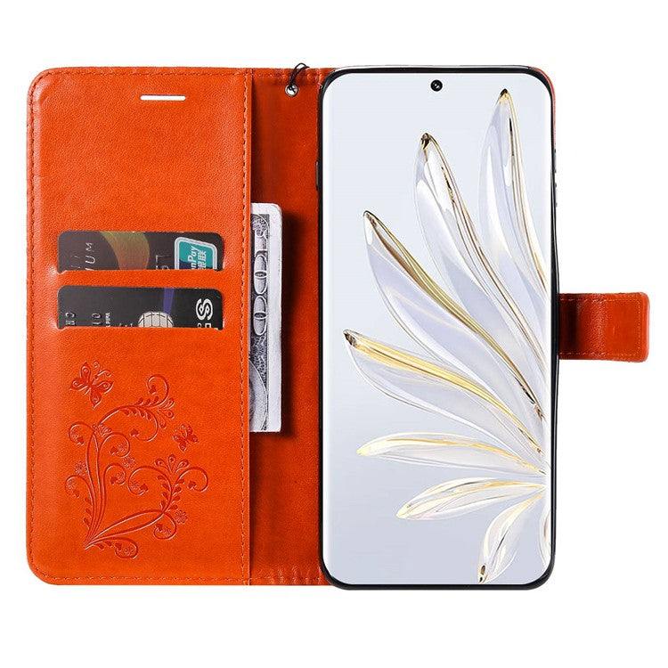 KT Imprinting Flower Series-2 for Honor 70 5G Magnetic Clasp PU Leather Mobile Phone Case Imprinted Butterfly Pattern Stand Wallet Cover - Orange