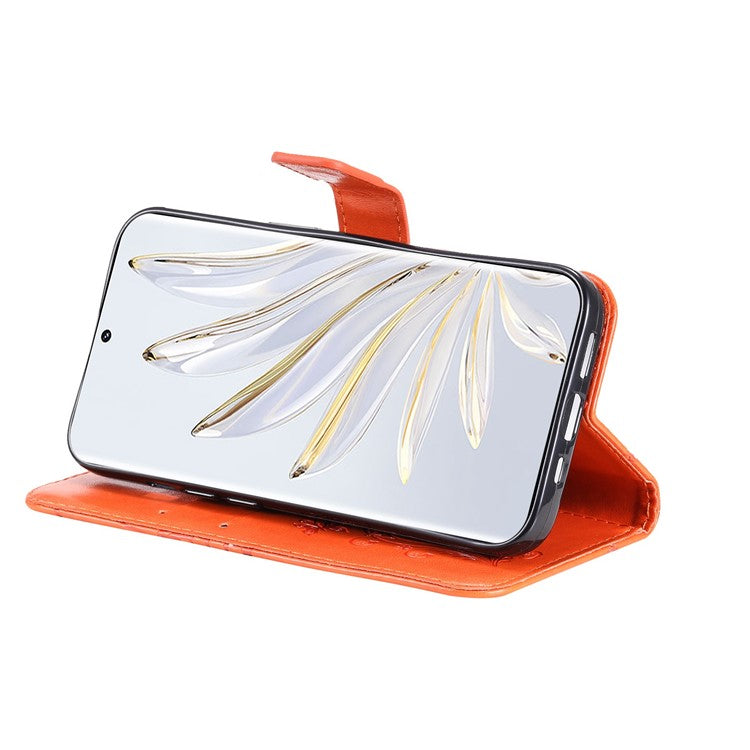 KT Imprinting Flower Series-2 for Honor 70 5G Magnetic Clasp PU Leather Mobile Phone Case Imprinted Butterfly Pattern Stand Wallet Cover - Orange