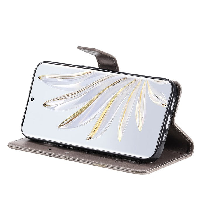 KT Imprinting Flower Series-2 for Honor 70 5G Magnetic Clasp PU Leather Mobile Phone Case Imprinted Butterfly Pattern Stand Wallet Cover - Grey