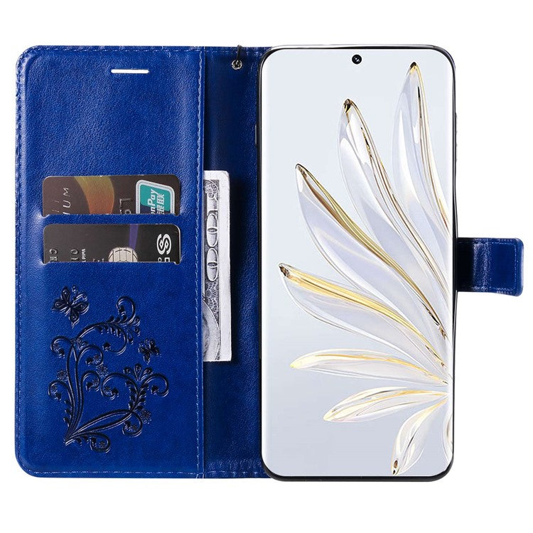 KT Imprinting Flower Series-2 for Honor 70 5G Magnetic Clasp PU Leather Mobile Phone Case Imprinted Butterfly Pattern Stand Wallet Cover - Blue