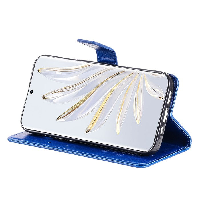 KT Imprinting Flower Series-2 for Honor 70 5G Magnetic Clasp PU Leather Mobile Phone Case Imprinted Butterfly Pattern Stand Wallet Cover - Blue