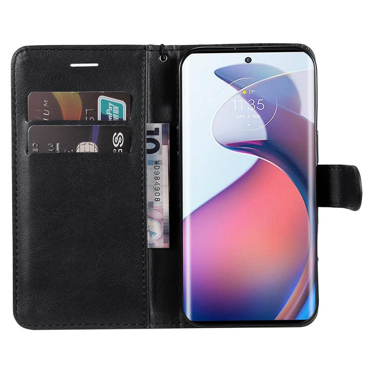 KT Leather Series-2 for Motorola Edge 30 Fusion 5G / Moto S30 Pro 5G Wallet Case Solid Color PU Leather Stand Magnetic Flip Phone Cover with Strap - Black