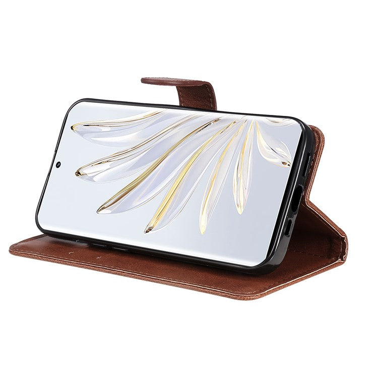 KT Leather Series-2 for Honor 70 5G PU Leather Flip Phone Case Full Body Protection Stand Solid Color Wallet Magnetic Cover with Strap - Brown