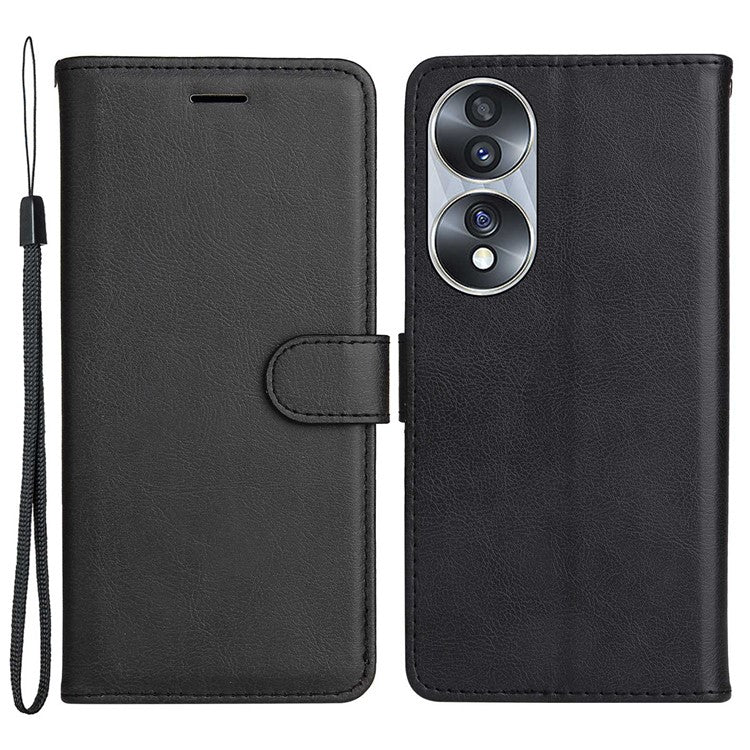 KT Leather Series-2 for Honor 70 5G PU Leather Flip Phone Case Full Body Protection Stand Solid Color Wallet Magnetic Cover with Strap - Black