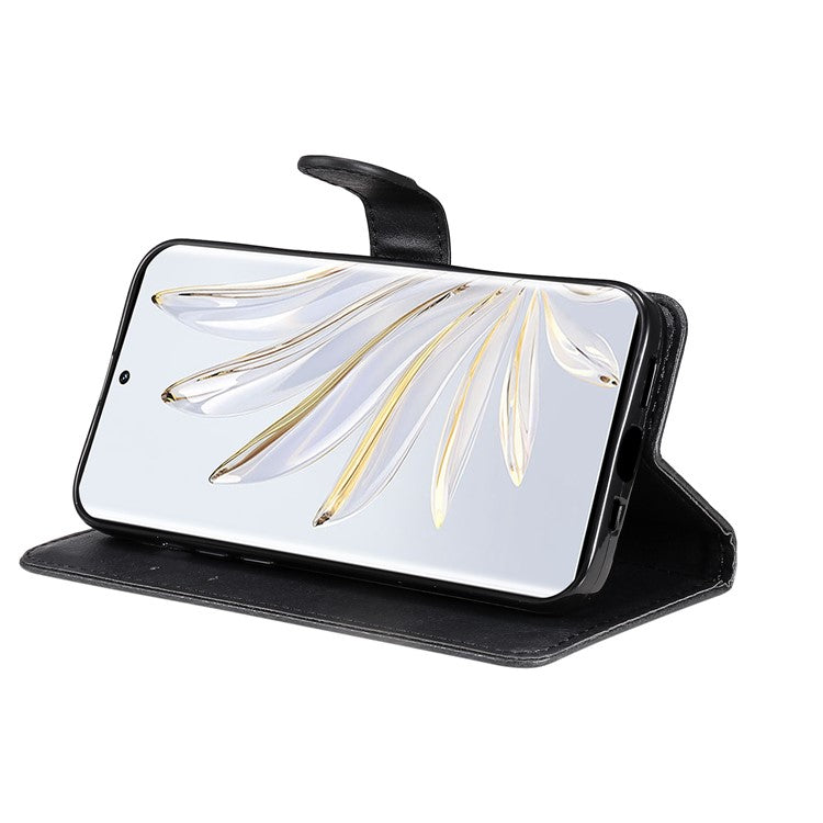 KT Leather Series-2 for Honor 70 5G PU Leather Flip Phone Case Full Body Protection Stand Solid Color Wallet Magnetic Cover with Strap - Black