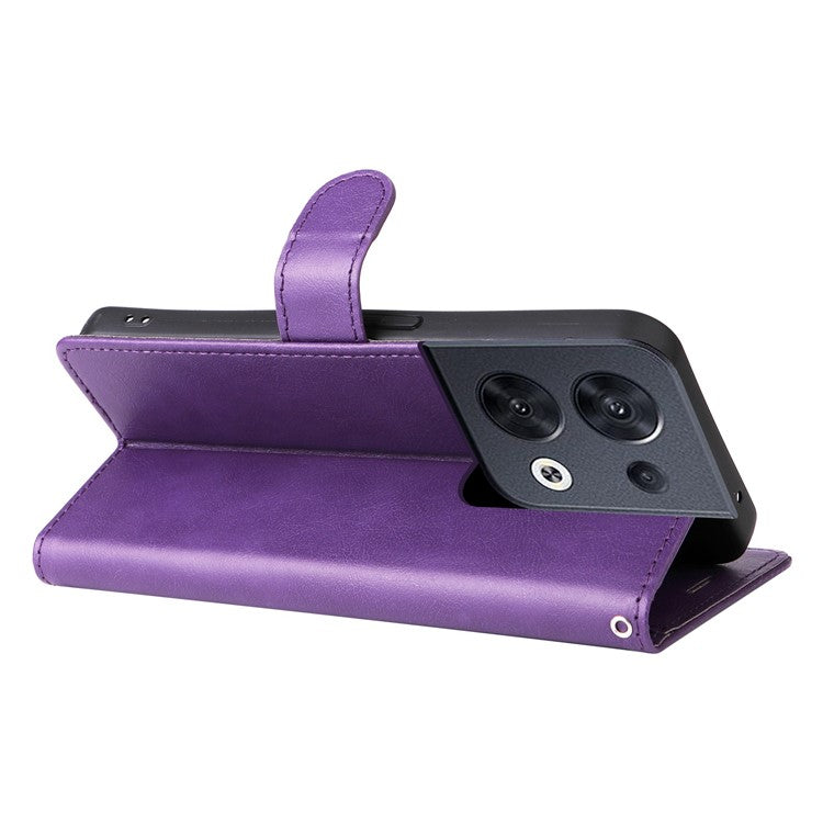 KT Leather Series-2 for Oppo Reno8 5G / Reno8 5G (Global Version) PU Leather Phone Case Solid Color Wallet Stand Magnetic Flip Cover with Strap - Purple