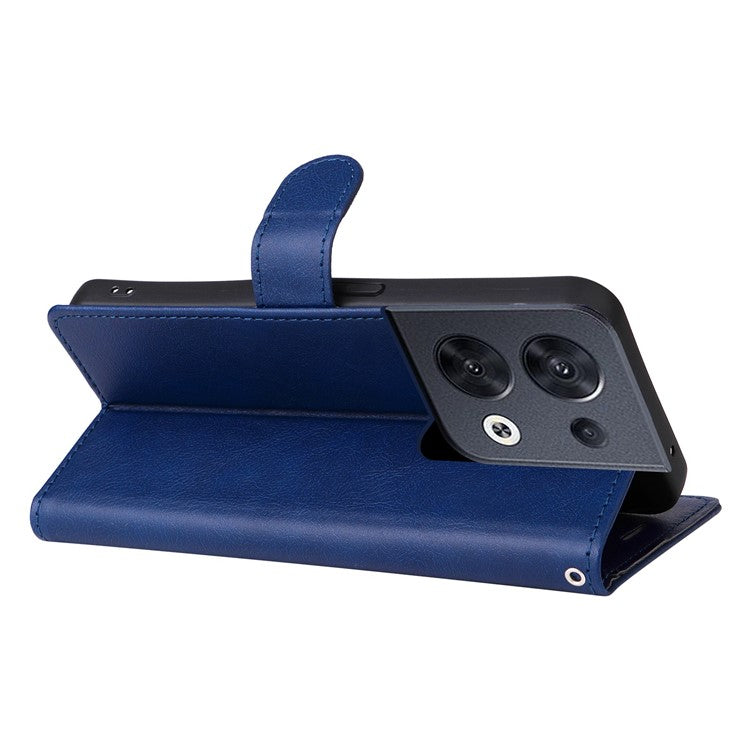KT Leather Series-2 for Oppo Reno8 5G / Reno8 5G (Global Version) PU Leather Phone Case Solid Color Wallet Stand Magnetic Flip Cover with Strap - Blue