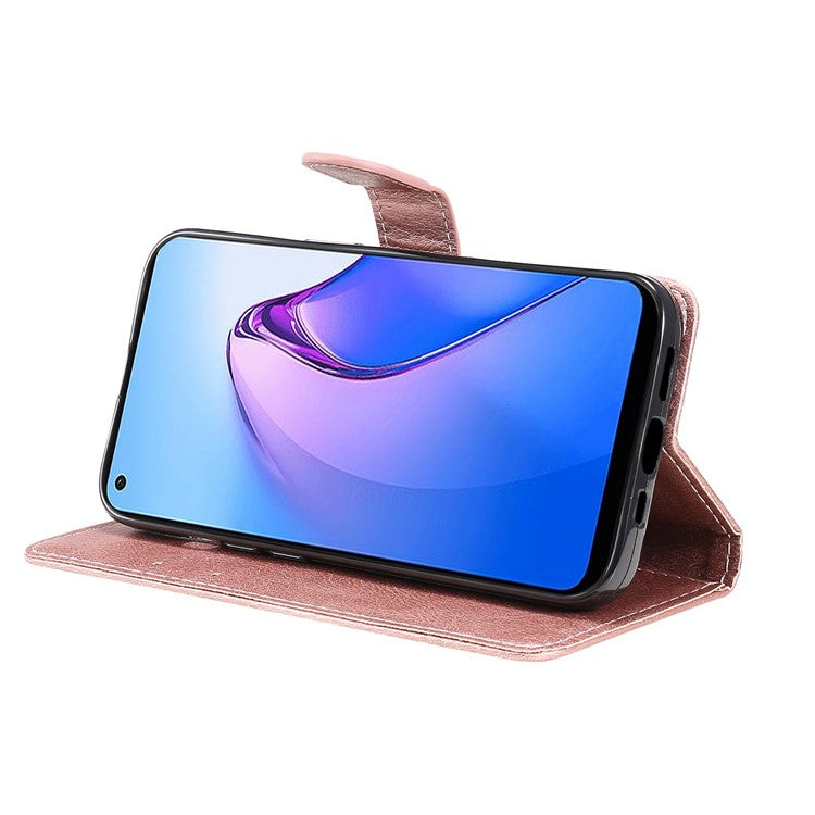 KT Leather Series-2 for Oppo Reno8 5G / Reno8 5G (Global Version) PU Leather Phone Case Solid Color Wallet Stand Magnetic Flip Cover with Strap - Rose Gold