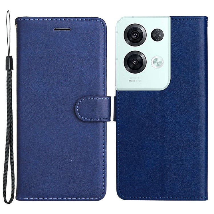 KT Leather Series-2 for Oppo Reno8 Pro 5G (Global Version) / Reno8 Pro+ (China) 5G Wallet Phone Case Solid Color PU Leather Magnetic Closure Flip Stand Cover with Strap - Blue