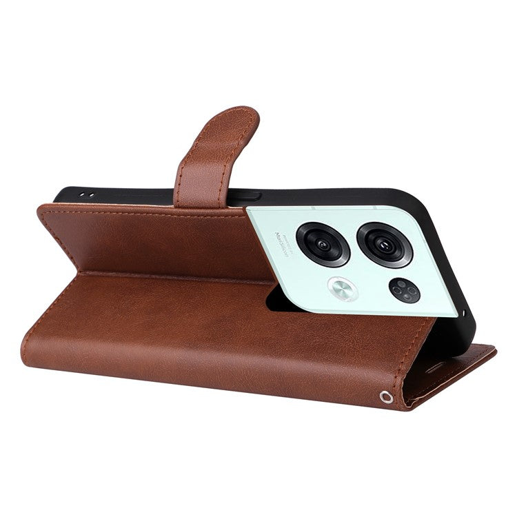 KT Leather Series-2 for Oppo Reno8 Pro 5G (Global Version) / Reno8 Pro+ (China) 5G Wallet Phone Case Solid Color PU Leather Magnetic Closure Flip Stand Cover with Strap - Brown