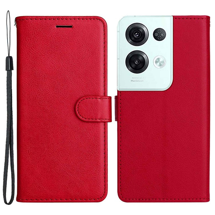 KT Leather Series-2 for Oppo Reno8 Pro 5G (Global Version) / Reno8 Pro+ (China) 5G Wallet Phone Case Solid Color PU Leather Magnetic Closure Flip Stand Cover with Strap - Red