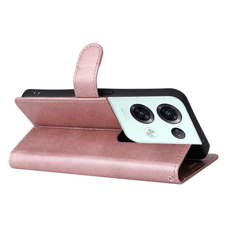 KT Leather Series-2 for Oppo Reno8 Pro 5G (Global Version) / Reno8 Pro+ (China) 5G Wallet Phone Case Solid Color PU Leather Magnetic Closure Flip Stand Cover with Strap - Rose Gold