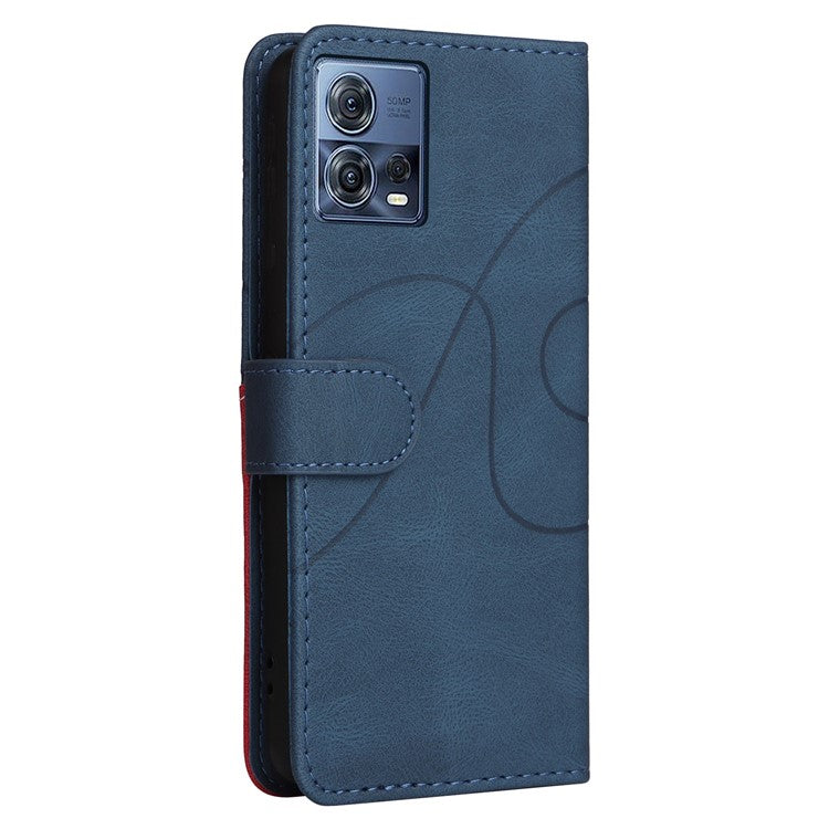 KT Leather Series-1 For Motorola Edge 30 Fusion 5G / Moto S30 Pro 5G Dual-color Splicing Full Coverage PU Leather Phone Wallet Case Stand Drop-proof Cover with Strap - Blue