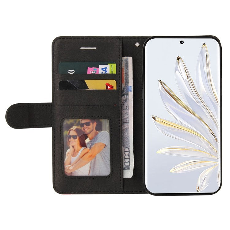 KT Leather Series-1 For Honor 70 5G Dual-color Splicing PU Leather Phone Wallet Case Stand Function Phone Cover with Strap - Black