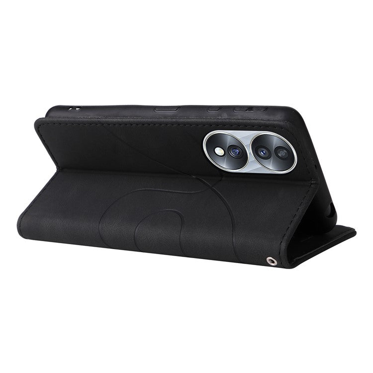 KT Leather Series-1 For Honor 70 5G Dual-color Splicing PU Leather Phone Wallet Case Stand Function Phone Cover with Strap - Black