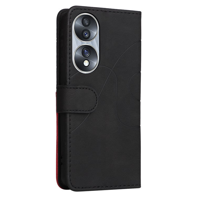KT Leather Series-1 For Honor 70 5G Dual-color Splicing PU Leather Phone Wallet Case Stand Function Phone Cover with Strap - Black