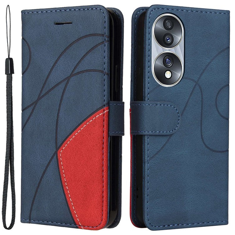 KT Leather Series-1 For Honor 70 5G Dual-color Splicing PU Leather Phone Wallet Case Stand Function Phone Cover with Strap - Blue