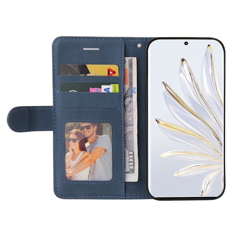 KT Leather Series-1 For Honor 70 5G Dual-color Splicing PU Leather Phone Wallet Case Stand Function Phone Cover with Strap - Blue