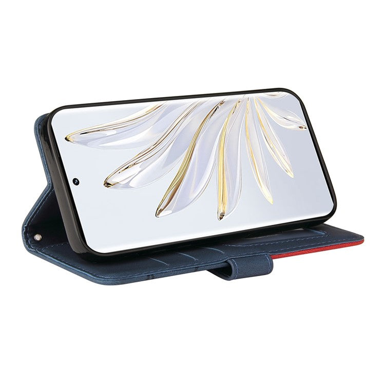 KT Leather Series-1 For Honor 70 5G Dual-color Splicing PU Leather Phone Wallet Case Stand Function Phone Cover with Strap - Blue