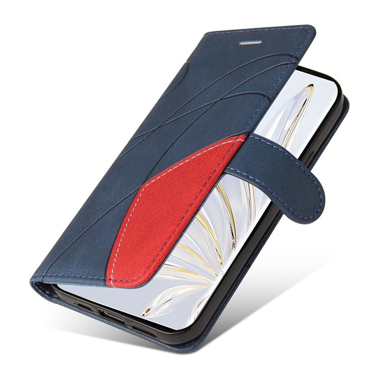 KT Leather Series-1 For Honor 70 5G Dual-color Splicing PU Leather Phone Wallet Case Stand Function Phone Cover with Strap - Blue