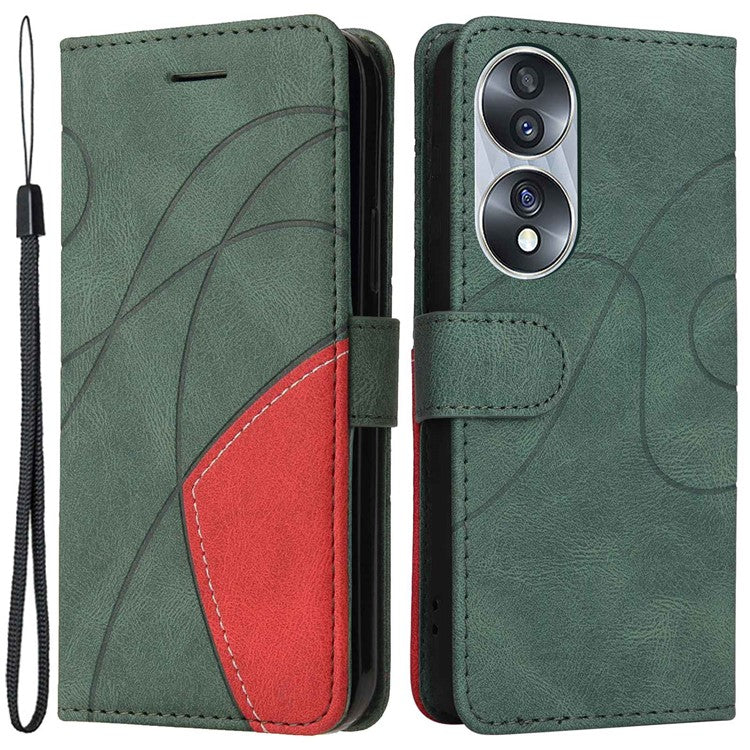 KT Leather Series-1 For Honor 70 5G Dual-color Splicing PU Leather Phone Wallet Case Stand Function Phone Cover with Strap - Green