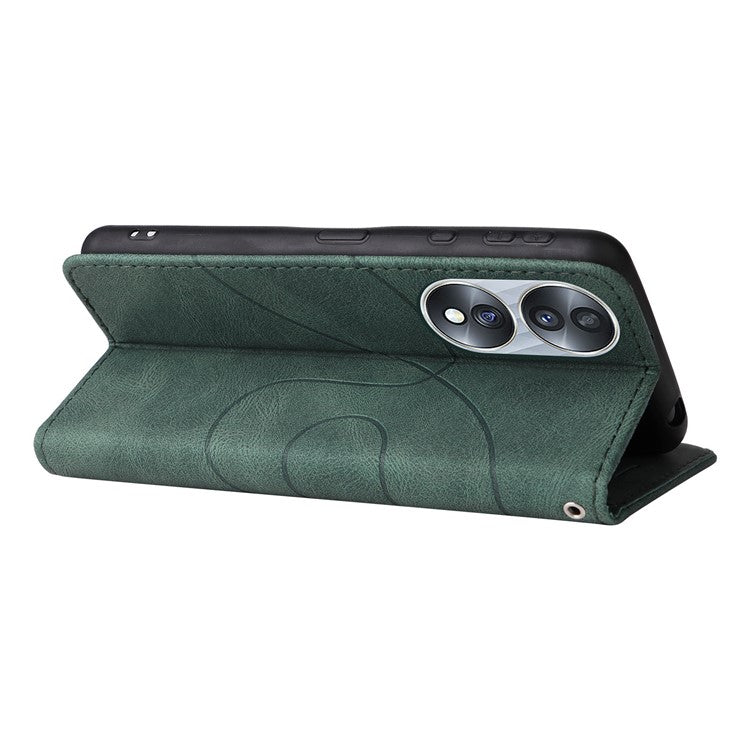 KT Leather Series-1 For Honor 70 5G Dual-color Splicing PU Leather Phone Wallet Case Stand Function Phone Cover with Strap - Green