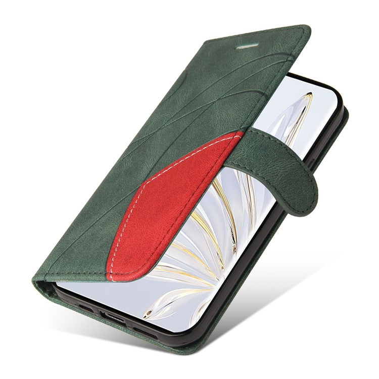 KT Leather Series-1 For Honor 70 5G Dual-color Splicing PU Leather Phone Wallet Case Stand Function Phone Cover with Strap - Green