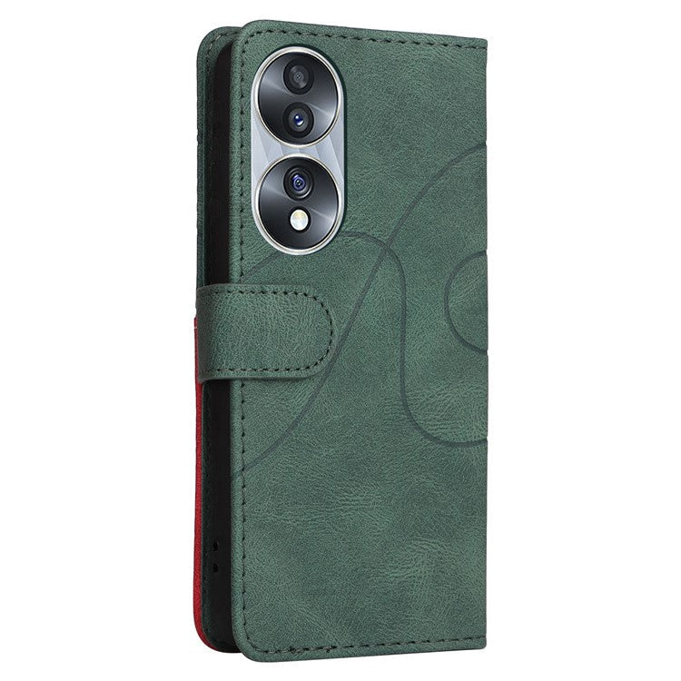 KT Leather Series-1 For Honor 70 5G Dual-color Splicing PU Leather Phone Wallet Case Stand Function Phone Cover with Strap - Green