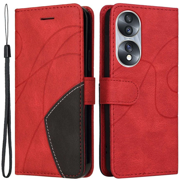 KT Leather Series-1 For Honor 70 5G Dual-color Splicing PU Leather Phone Wallet Case Stand Function Phone Cover with Strap - Red