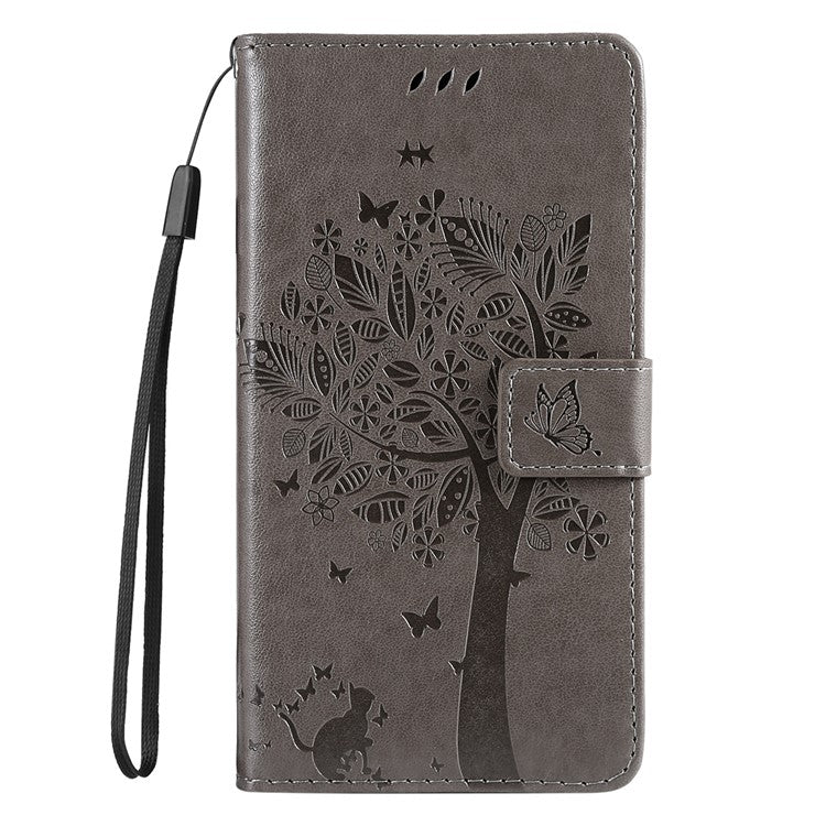KT Imprinting Flower Series-3 for vivo Y35 / Y22s 4G / Y22 4G Protective Flip Phone Case Imprinted Cat Tree Pattern Wallet Stand Anti-wear PU Leather Phone Cover - Grey