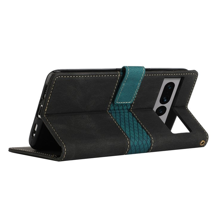 For Google Pixel 7 Pro 5G Grid Splicing Wallet Flip Case PU Leather Magnetic Closure Stand Phone Cover with Strap - Black