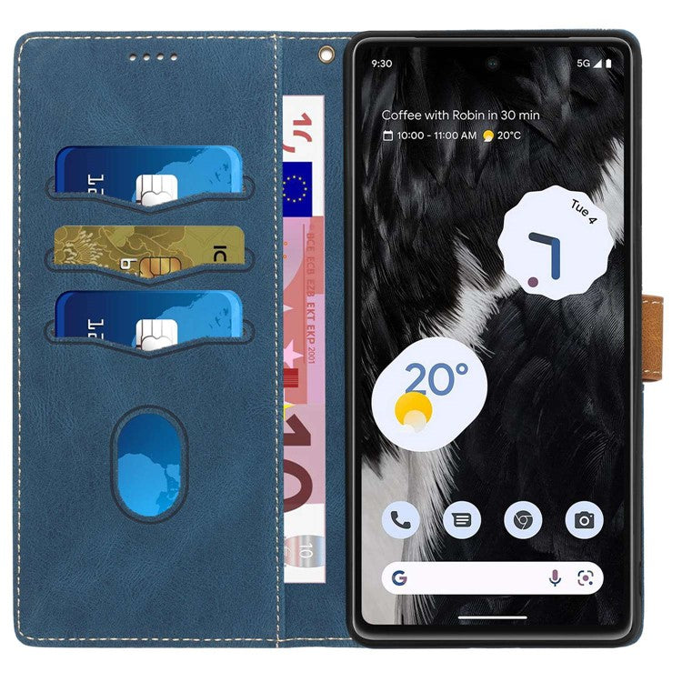 For Google Pixel 7 Pro 5G Grid Splicing Wallet Flip Case PU Leather Magnetic Closure Stand Phone Cover with Strap - Blue
