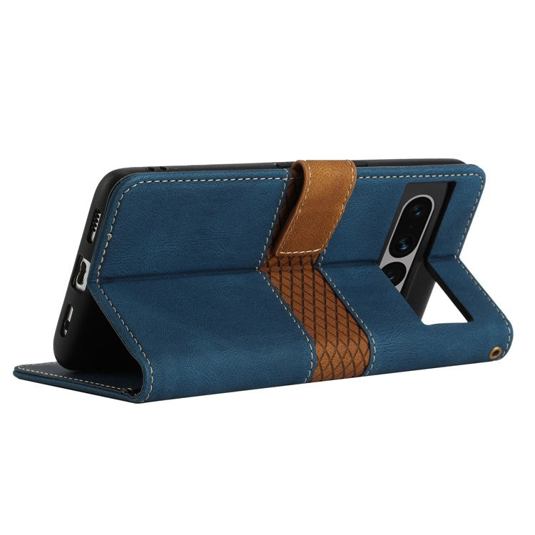 For Google Pixel 7 Pro 5G Grid Splicing Wallet Flip Case PU Leather Magnetic Closure Stand Phone Cover with Strap - Blue