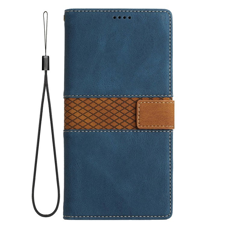 For Google Pixel 7 Pro 5G Grid Splicing Wallet Flip Case PU Leather Magnetic Closure Stand Phone Cover with Strap - Blue