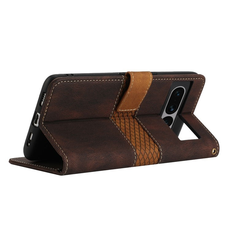 For Google Pixel 7 Pro 5G Grid Splicing Wallet Flip Case PU Leather Magnetic Closure Stand Phone Cover with Strap - Brown