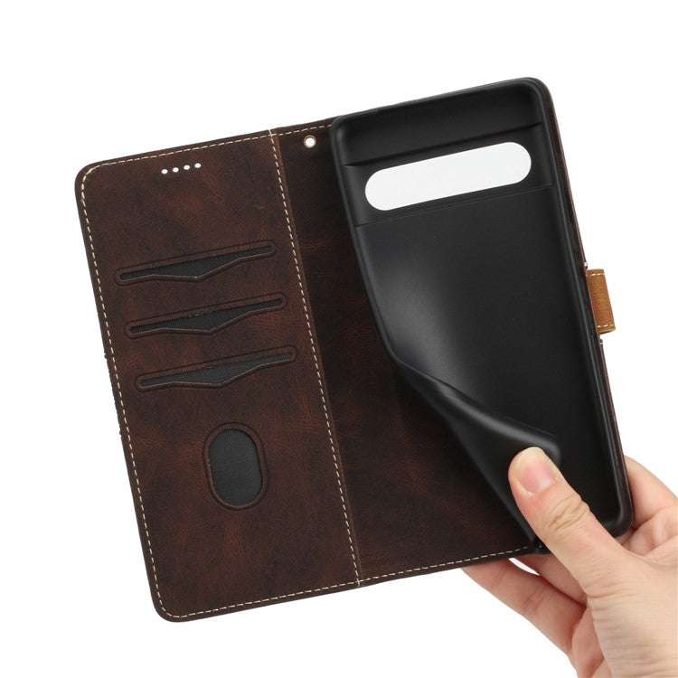 For Google Pixel 7 Pro 5G Grid Splicing Wallet Flip Case PU Leather Magnetic Closure Stand Phone Cover with Strap - Brown