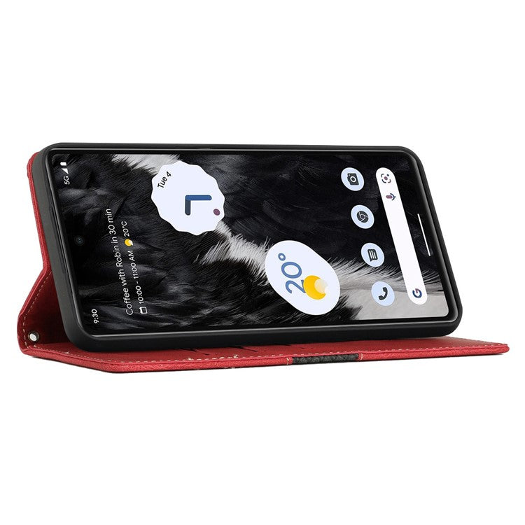 For Google Pixel 7 Pro 5G Grid Splicing Wallet Flip Case PU Leather Magnetic Closure Stand Phone Cover with Strap - Red